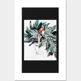 Woman with tropical plants, Parrot, Abstract, Girl, Fashion art, Modern art, Wall art, Print, Modern Posters and Art